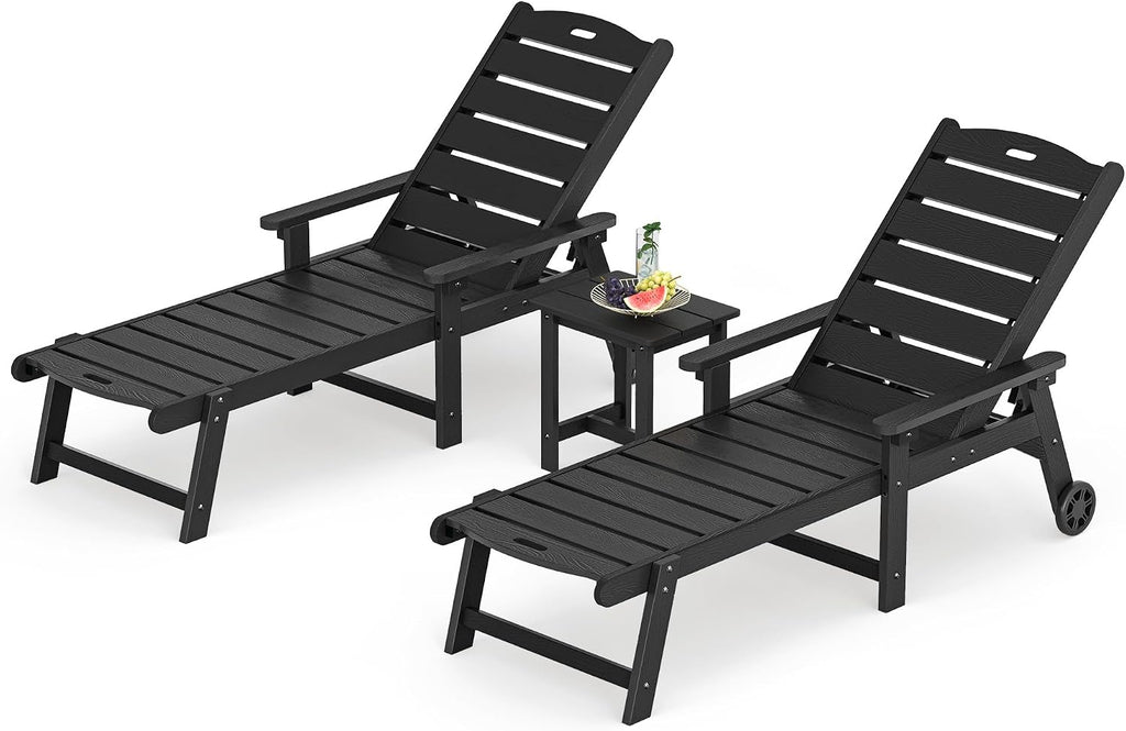 LUE BONA Chaise Lounge Chair with Table, 3-Piece, HDPS Chaise Lounger, 5 Positions Adjustable Lounge Chairs, Pool Lounge Chair with Wheels for Poolside, Backyard, Black