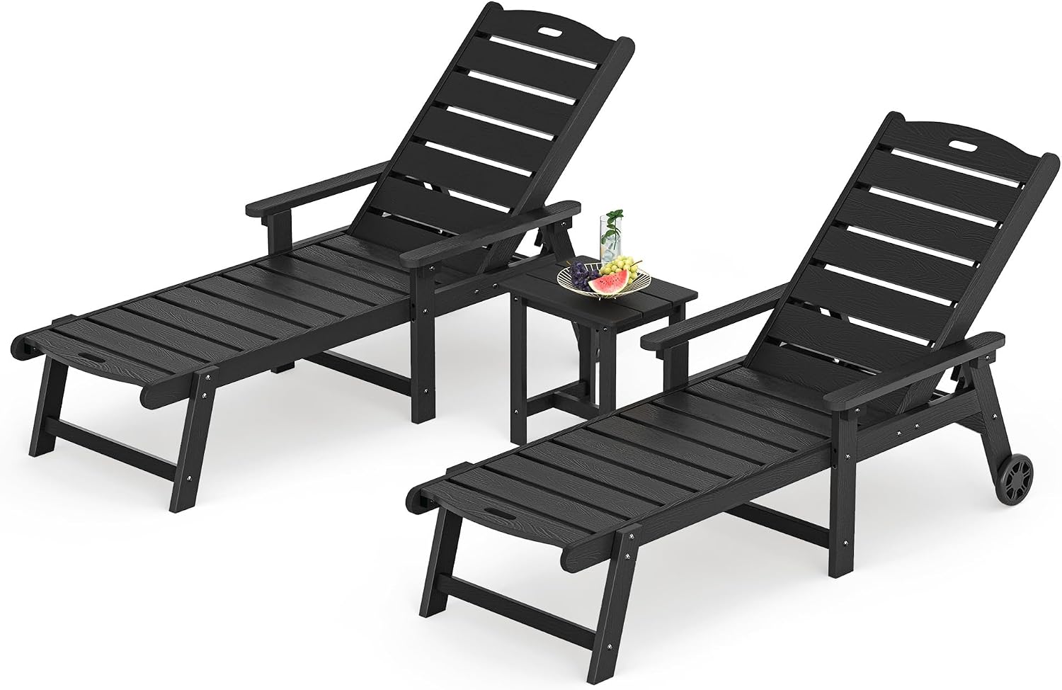 LUE BONA Chaise Lounge Chair with Table, 3-Piece, HDPS Chaise Lounger, 5 Positions Adjustable Lounge Chairs, Pool Lounge Chair with Wheels for Poolside, Backyard, Black