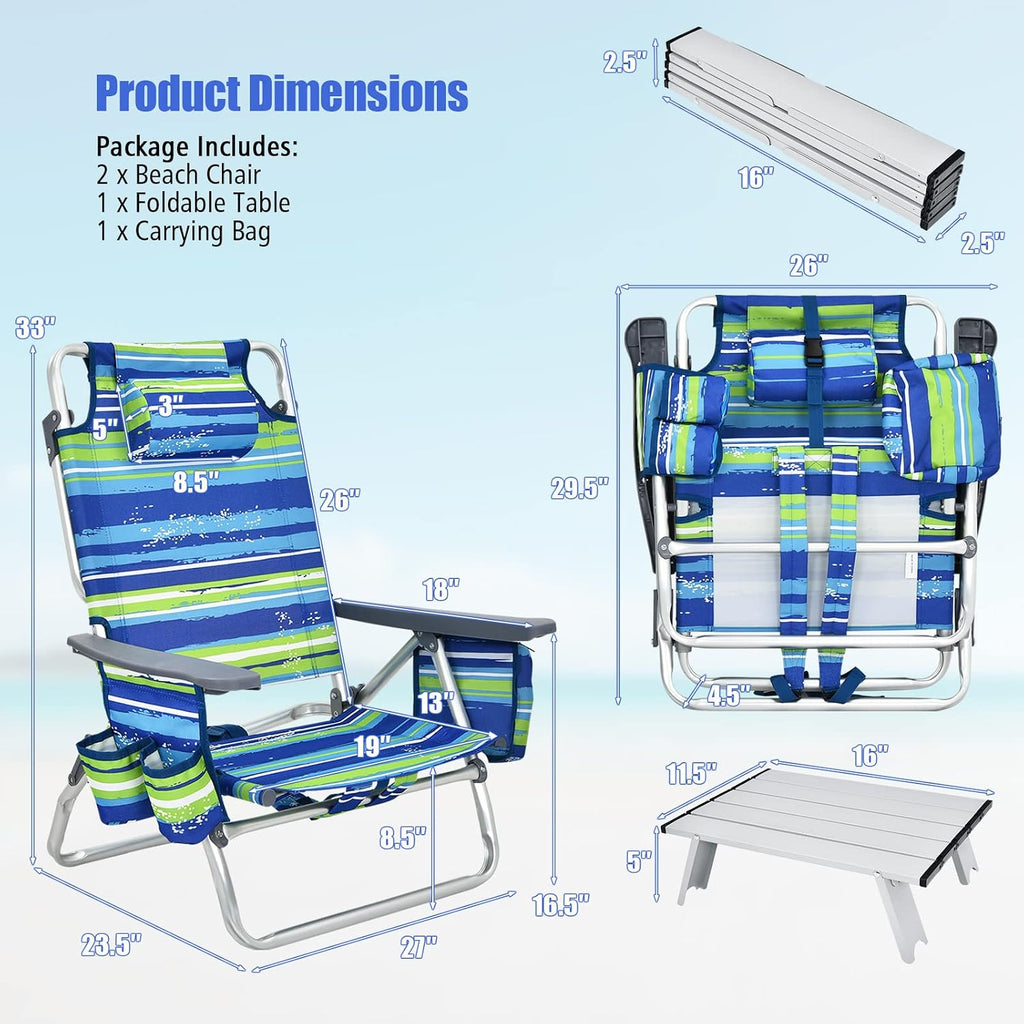 Tangkula Backpack Beach Chair with Table, 5-Position Lay Flat Beach Chairs with Cooler Bag, 2 Cup Holders, Towel Bar, Lightweight Low Folding Beach Chair with Backpack Straps