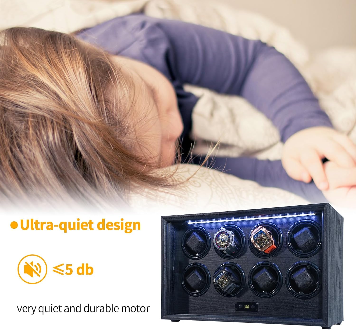 Watch Winder for 2/4/6/8 Automatic Watches, Watch Rotator for Rolex 15 Rotation Modes Display Box White Light, Watches Winder Case with USB-C Adapter, Present for Men Quiet Mabuchi Motor(≤5db)