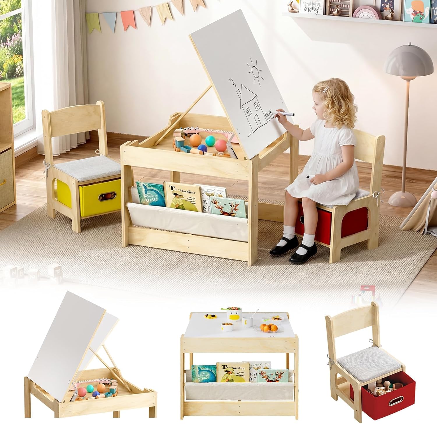 EXPERLAM Kids Table and 2 Chairs Set, Wooden Toddler Activity Table with Adjustable Drawing Tabletop, Safety Hinges, Storage Drawers &Bookshelf for Playroom, Nursery, Ages 1-6, Burlywood