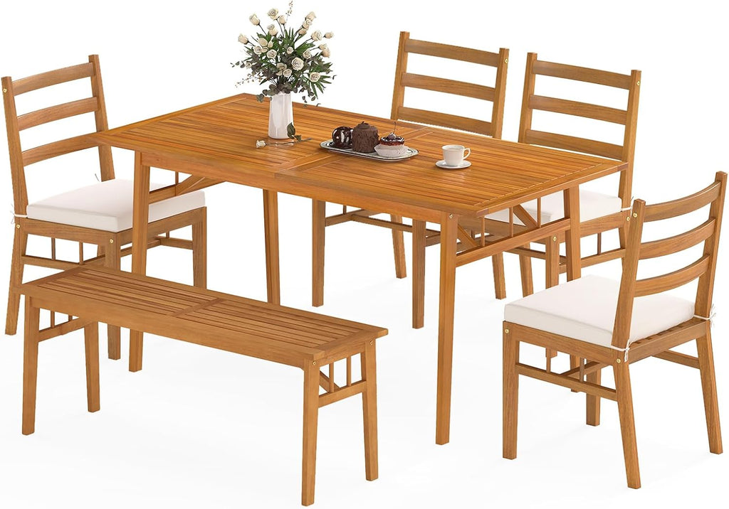 Tangkula 6 Pieces Patio Acacia Wood Dining Set, Outdoor Rectangular Table with 1.97' Umbrella Hole, Bench and Cushioned Chairs for 6, for Deck, Yard and Poolside