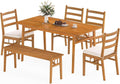 Tangkula 6 Pieces Patio Acacia Wood Dining Set, Outdoor Rectangular Table with 1.97' Umbrella Hole, Bench and Cushioned Chairs for 6, for Deck, Yard and Poolside