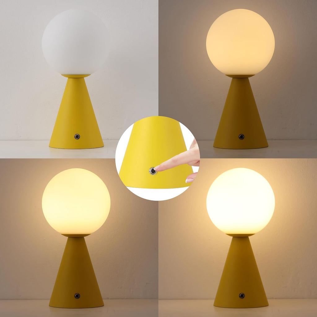 JONATHAN Y 11.75' Yellow Macie Modern Globe Cordless Table Lamp Set of 2, Rechargeable Dimmable Integrated LED Touch Sensor Bedside Lamp, White Frosted Glass Shade JYL7159A-SET2