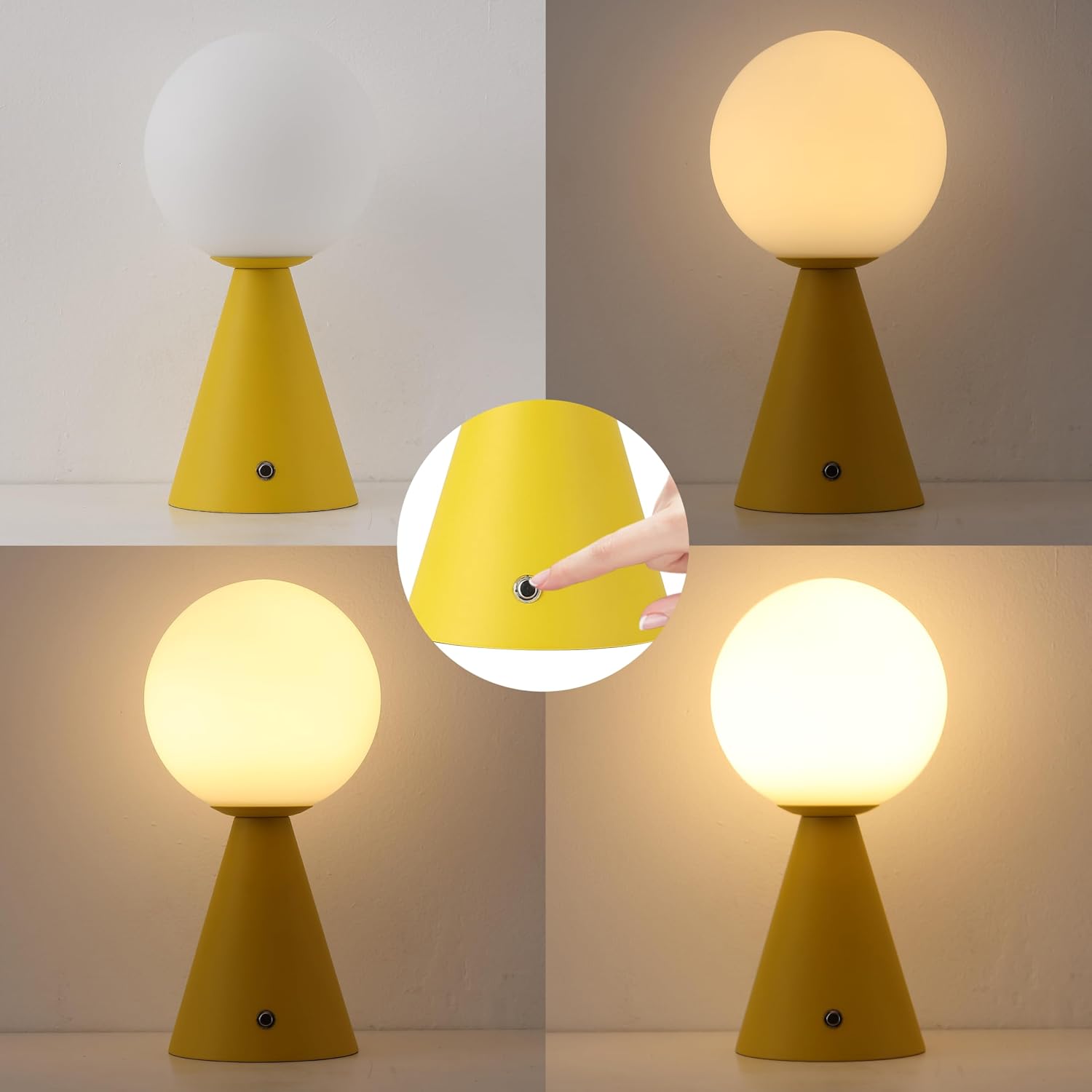 JONATHAN Y 11.75' Yellow Macie Modern Globe Cordless Table Lamp Set of 2, Rechargeable Dimmable Integrated LED Touch Sensor Bedside Lamp, White Frosted Glass Shade JYL7159A-SET2