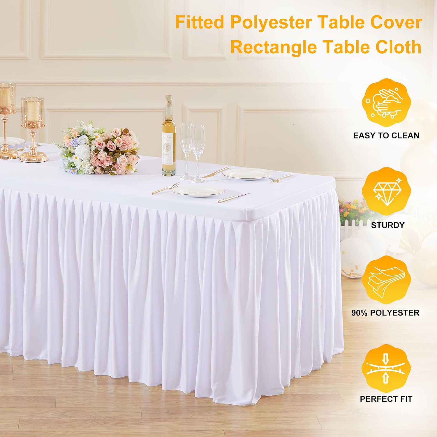Wish Care 4 Pack White Rectangle Table Clothes for 8 Foot Tables, Polyester Fitted Tablecloths 8ft Stretch Table Cover for Wedding, Birthday, Parties, Trade Show, Craft Show