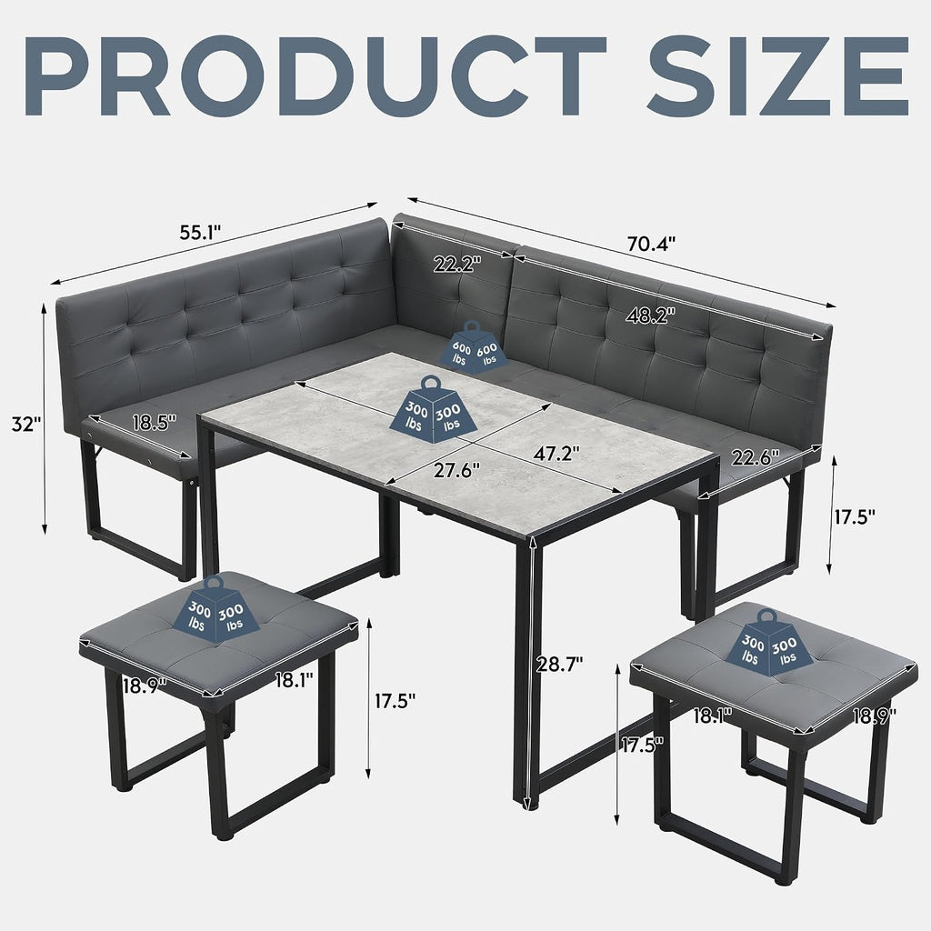 XIAO WEI Corner Dining Table Set for Small Spaces, 70 Inch Breakfast Nook with Storage Banquette, 5 Piece Dining Set with Upholstered Bench, Modern Grey