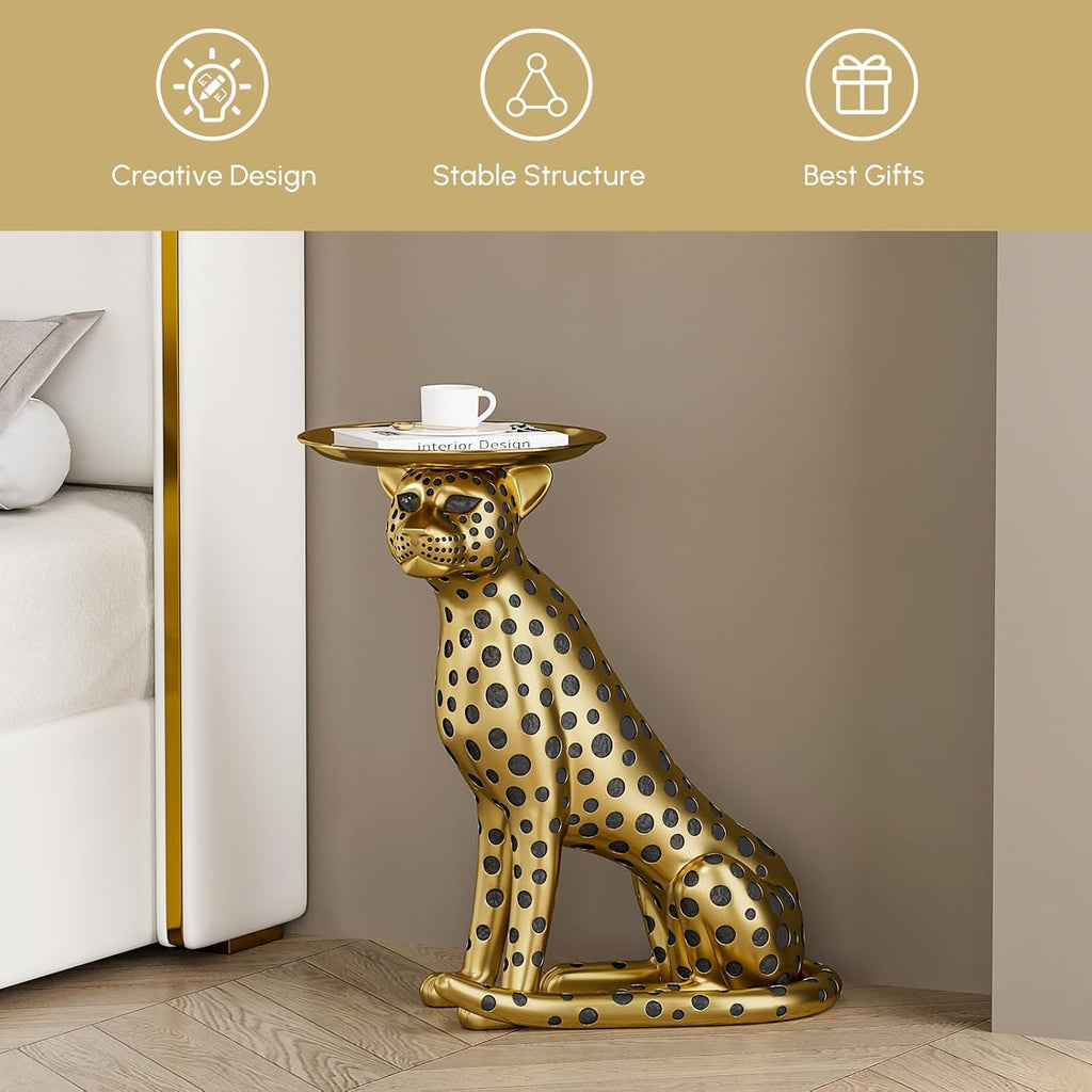 homary Animal Side Table with Tray Top– Gold Leopard Statue Panther Figurine End Table Art Decor for Home & Gifts