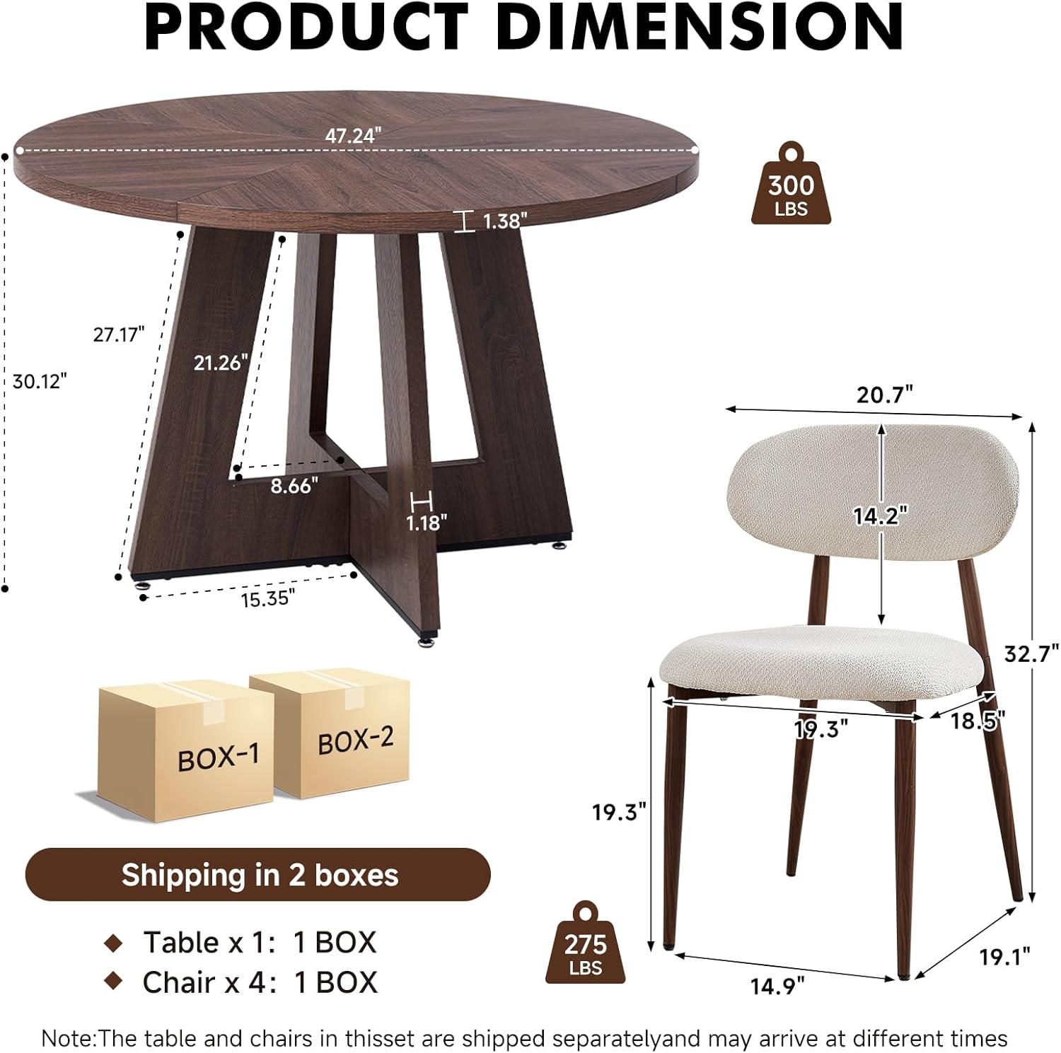 47' Round Dining Table Set for 4 with Chairs Circle Kitchen Table and Chairs Set Mid-Century Modern Chair with Metal Legs for Apartment Living Room(1 Walnut Table + 4 Beige Chairs)