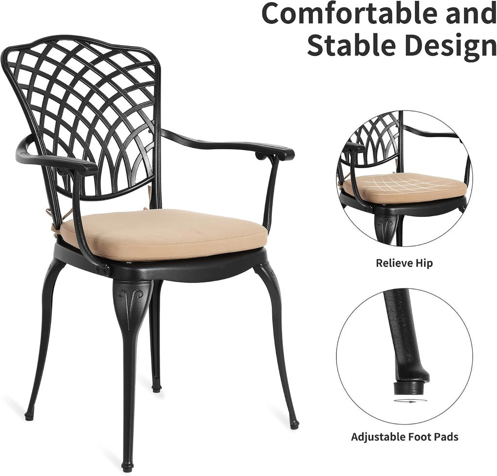 HOMEFUN Thickened Heavy-Duty Cast Aluminum Outdoor 3 Piece Patio Bistro Set of 2 with Armrests & Padded Cushion, Ultra Sturdy Rustproof All-Weather for Garden Balcony， White