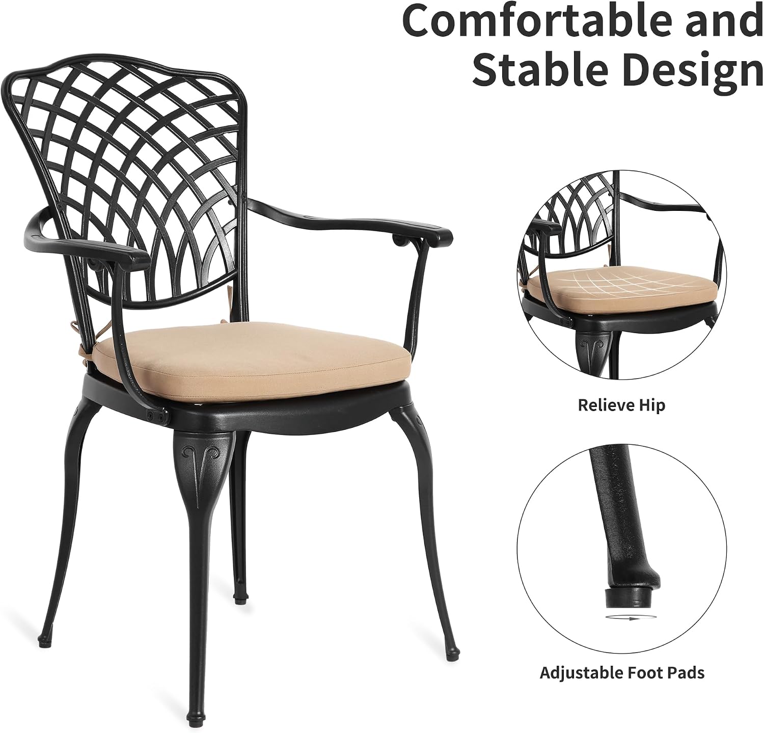 HOMEFUN Thickened Heavy-Duty Cast Aluminum Outdoor 3 Piece Patio Bistro Set of 2 with Armrests & Padded Cushion, Ultra Sturdy Rustproof All-Weather for Garden Balcony， White