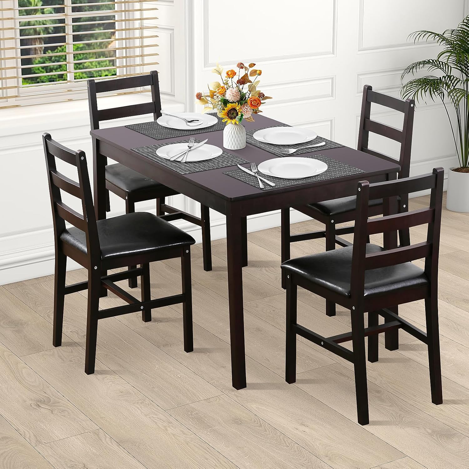 Kitchen Table Set 5 Piece Dining Table Set Sturdy Wooden Square Table and Chair Breakfast Table Set for 4 Person, Small Dining Room Table Set for Restaurant Home Kitchen Living Room, Brown