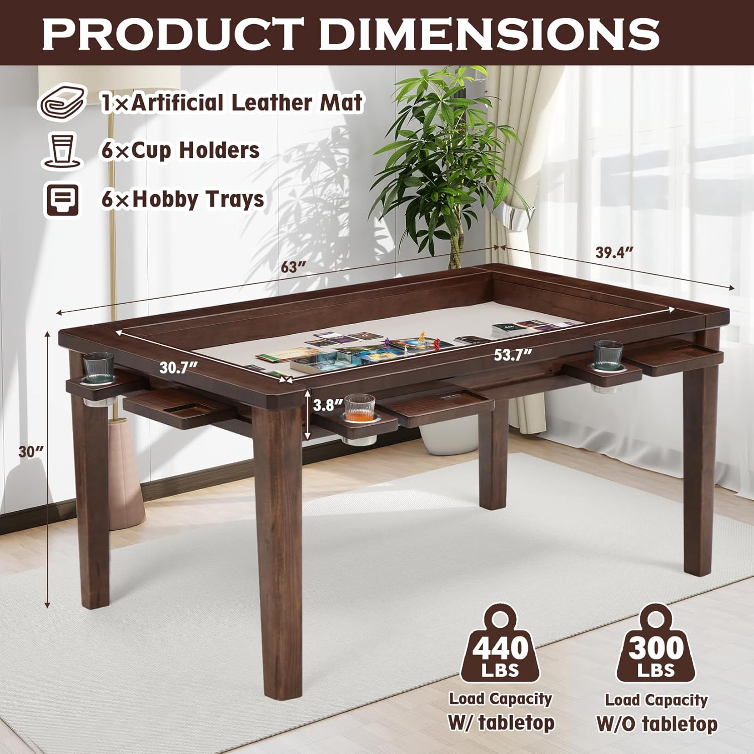 Haddockway 63' ×39' Board Game Table with Removable Top, Solid Wood Dining/Gaming Table for 4-6 Players with Play Mat, 6 Detachable Cup Holders & 6 Hobby Trays (Warm Walnut)