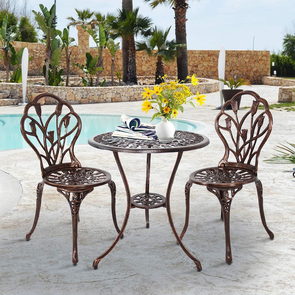 HOMEFUN Bistro Table and Chairs Set of 2 Outdoor 3 Piece Patio Set Tulip Pattern Cast Aluminum Bistro for Garden Balcony, Durable Rust All-Weather Resistance (Bronze)