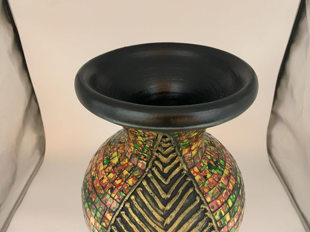 Floor Vase, 24 Inch Mosaic Vase – Tall Cylinder Made of Terracotta with Red, Orange, and Green Glass Mosaic Pieces – Handcrafted Decorative Home Décor Accent Piece for Bedroom, Living Room