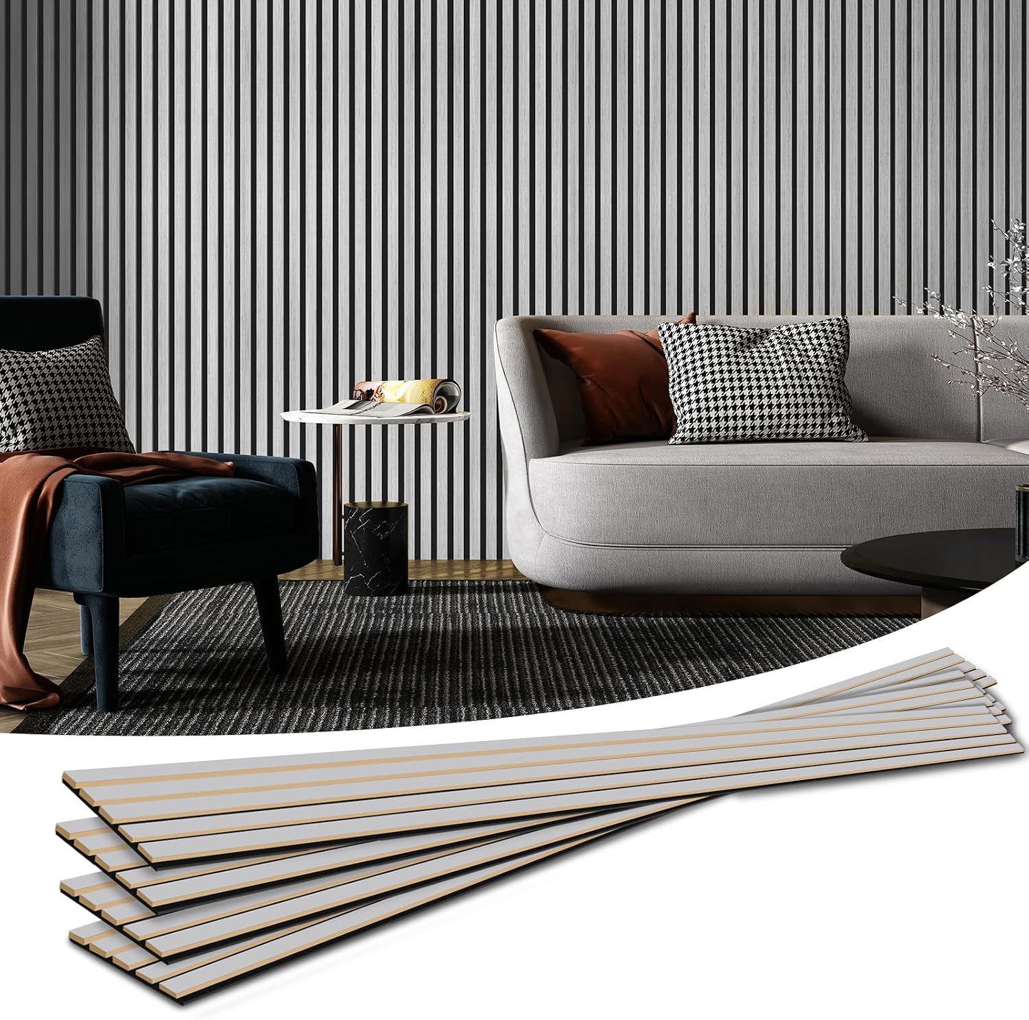 Art3d 4-Piece Wood Slat Acoustic Panels for Stylish Decor and Noise Reduction, 3D Textured Panel for Ceiling and Wall, Brushed Silver