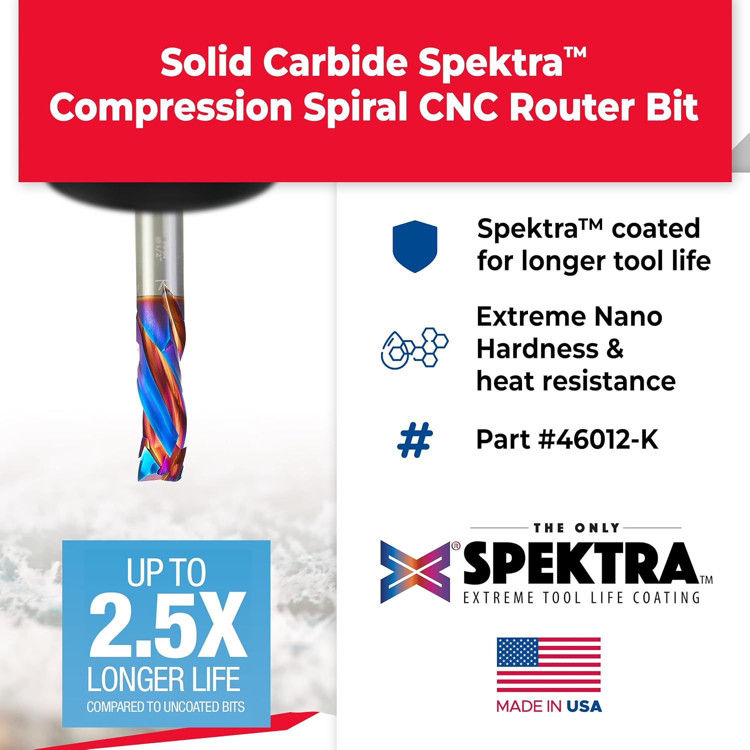 Amana Tool Spektra Extreme Tool Life Solid Carbide CNC Compression Spiral Router Bit, 46012-K, 1/2 D x 1-1/4 CH x 1/2 Shank x 3 Inch Long 3 Flute