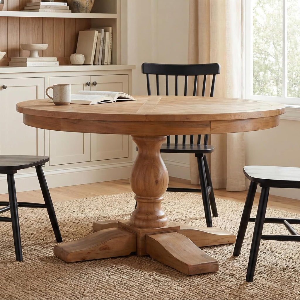 60' Round Dining Table, Reclaimed Wood Kitchen Table for 6-8, Farmhouse Circle Kitchen Table with Pedestal Curved Leg for Kitchen Dining Room Restaurant - Natural