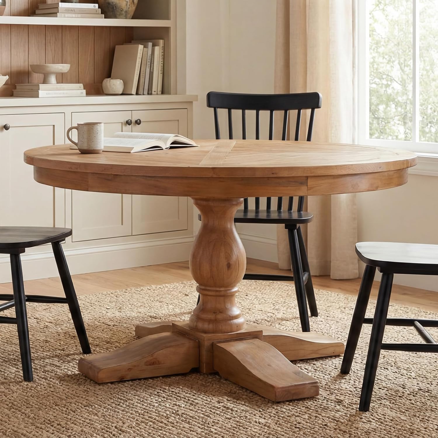 60' Round Dining Table, Reclaimed Wood Kitchen Table for 6-8, Farmhouse Circle Kitchen Table with Pedestal Curved Leg for Kitchen Dining Room Restaurant - Natural