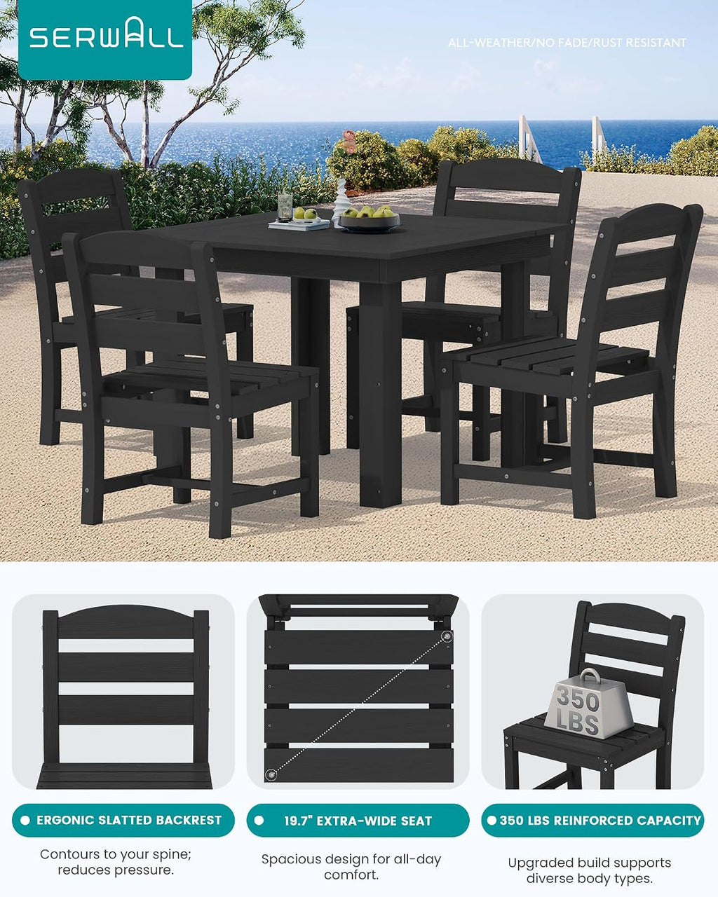 SERWALL Outdoor Dining Set for 4, HDPE Square Table and Chairs Set All Weather Patio Dining Set with 4 Armless Chairs for Patio, Black