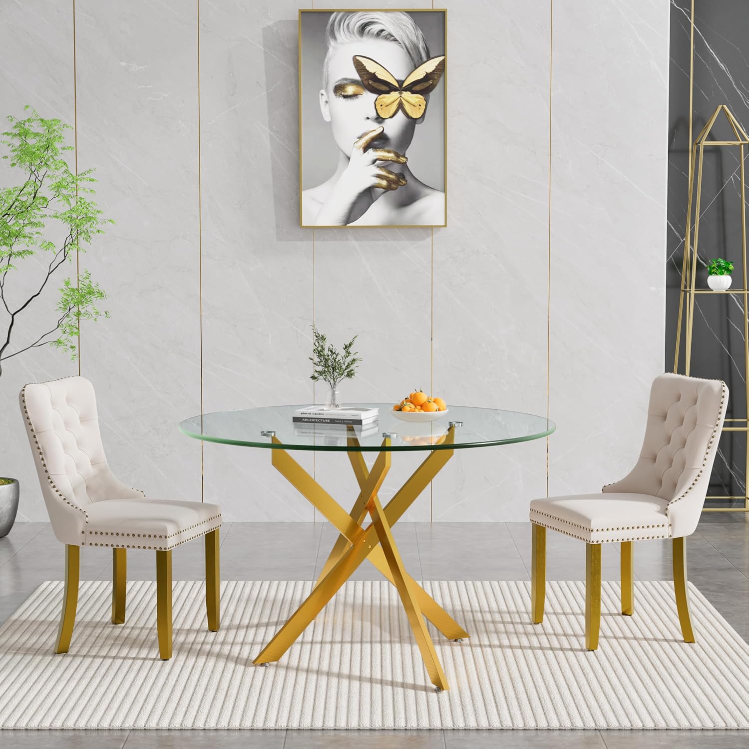 HomVent 3 Piece Round Glass Dining Table Set, Tempered Glass Dinner Table Set for 2 Kitchen Table Set with 2 Velvet Upholstered Chairs for Kitchen Dining Room