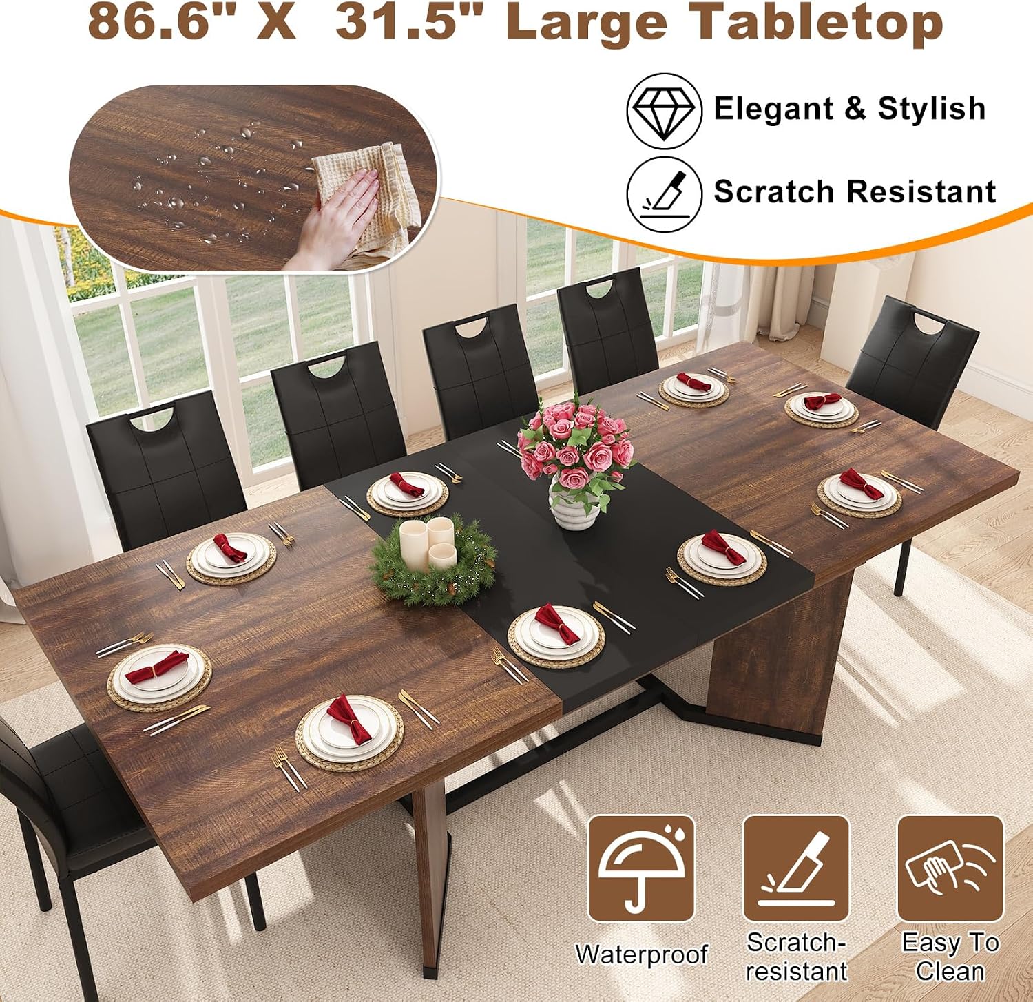 59'-86' Extendable Dining Table for 6 8 10 People,86' Farmhouse Rectangle Extending Dining Table w/Removable Leaves Space Saving,Wooden Adjustable Tables for Kitchen Office Living Room(BR+BK)