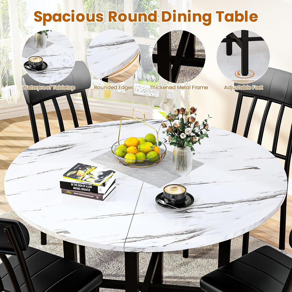 AWQM Round Dining Table Set for 4,Faux Marble Circle Dining Table Set with Chairs,Modern Kitchen Table and Chairs Set for 4,Round Dinner Table & Chair Set for Small Space,White