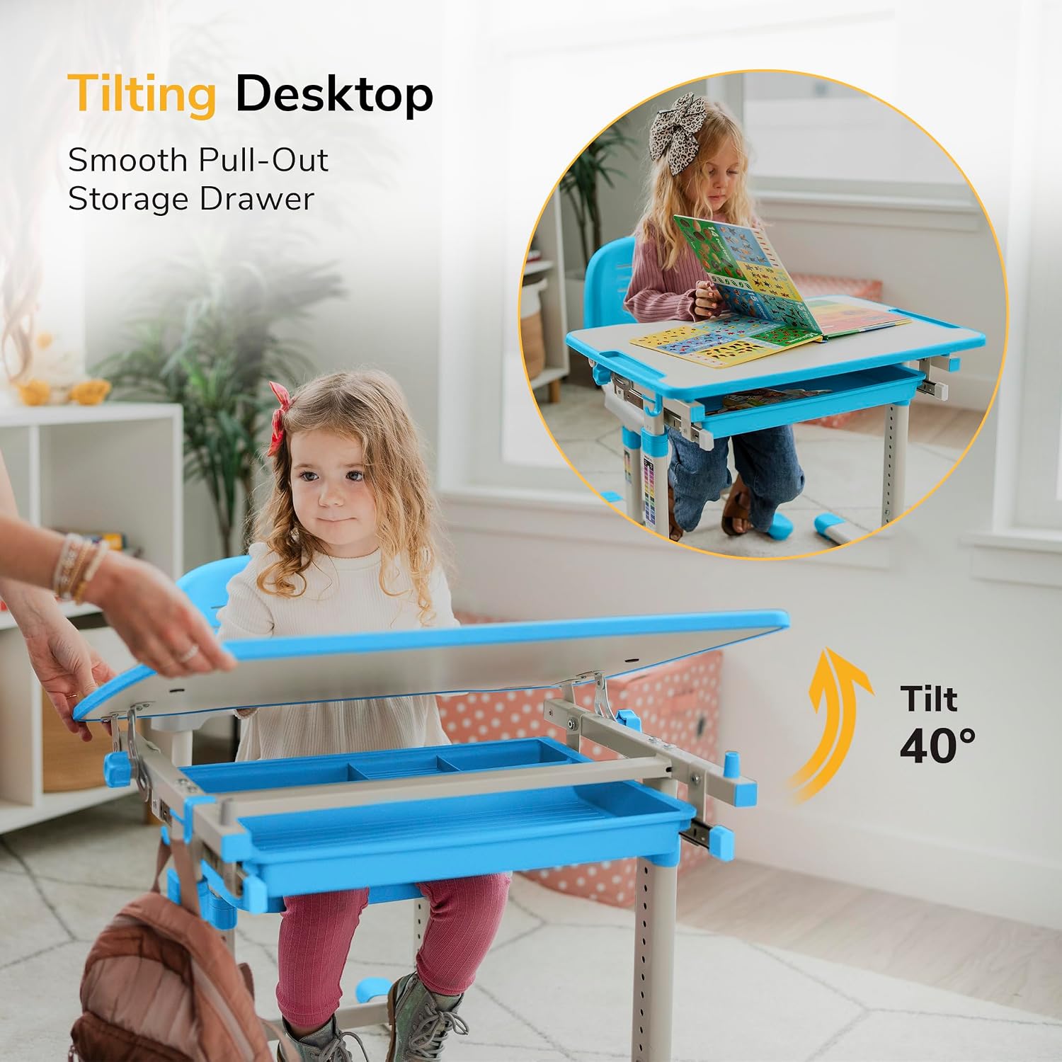 Mount-It! Kids Desk and Chair Set, Height Adjustable Sturdy, Kid Study Workstation and Chair Set for Boys, Home School, Arts, Drawing, Crafts, Ergonomic Childrens Storage Drawer Blue