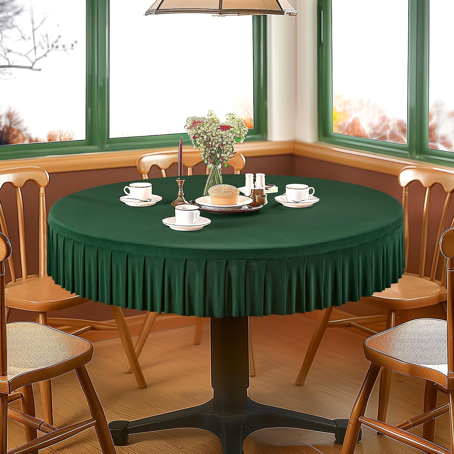 6 Pack 72 inch Green Spandex Round Tablecloths, Stretchy Fitted 6FT Round Table Cloths Wrinkle Free Table Covers with Skirt for Christmas Wedding Banquet Birthday Party