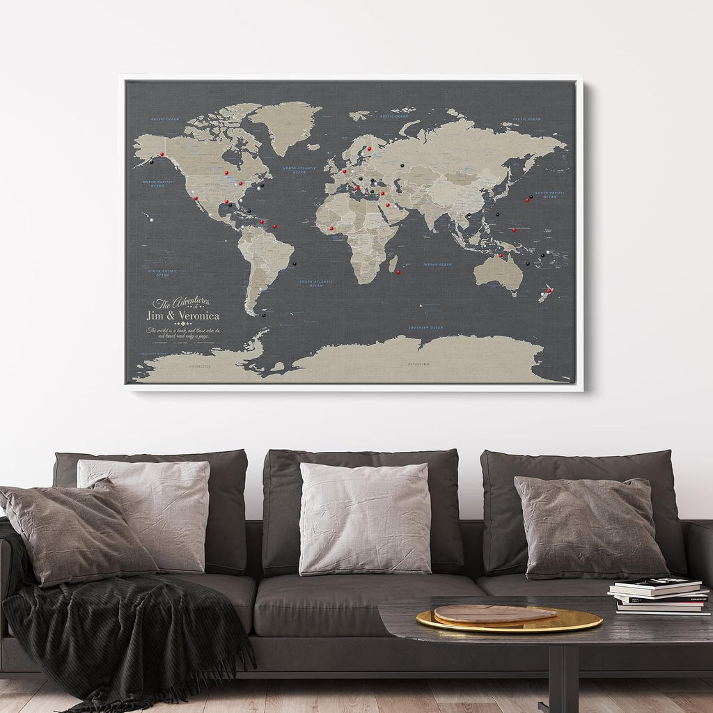Earth Tone World Map with Pins – Personalized Canvas Push Pin Map – Framed World Travel Wall Decor – White Float Frame – 24' x 36'