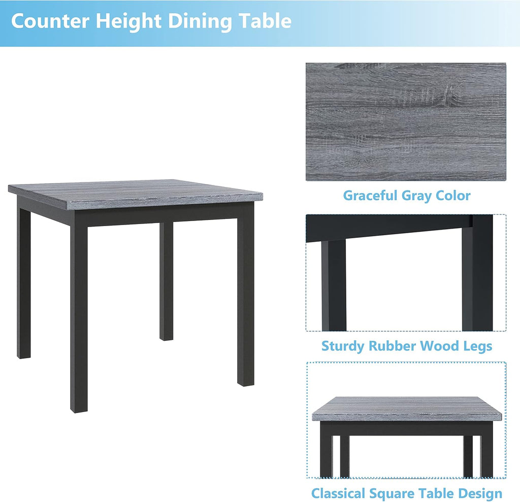 Bellemave 5 Piece Counter Height Dining Table Set for 4 High Top Square Kitchen Table and Chairs Dinning Room Small Breakfast Table Set Pub Table and High-Back Chairs Set of 4.(Grey)