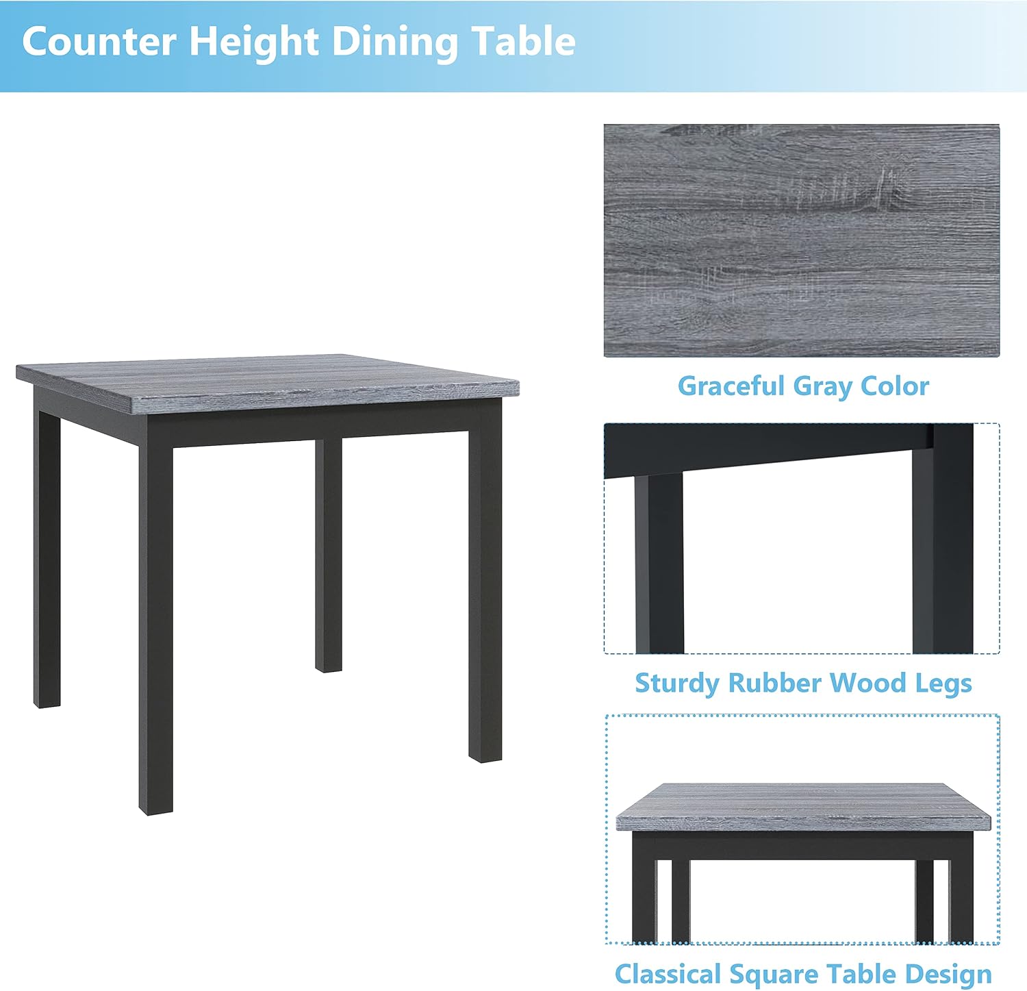 Bellemave 5 Piece Counter Height Dining Table Set for 4 High Top Square Kitchen Table and Chairs Dinning Room Small Breakfast Table Set Pub Table and High-Back Chairs Set of 4.(Grey)