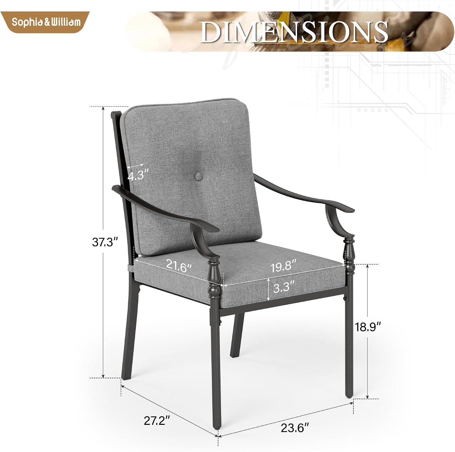 Sophia & William Outdoor Patio Dining Chairs Set of 2, Heavy Duty Outdoor Furniture Chairs with Thickened Cushions, Wrought Iron Deck Chairs for Backyard, Poolside, Balcony and Garden