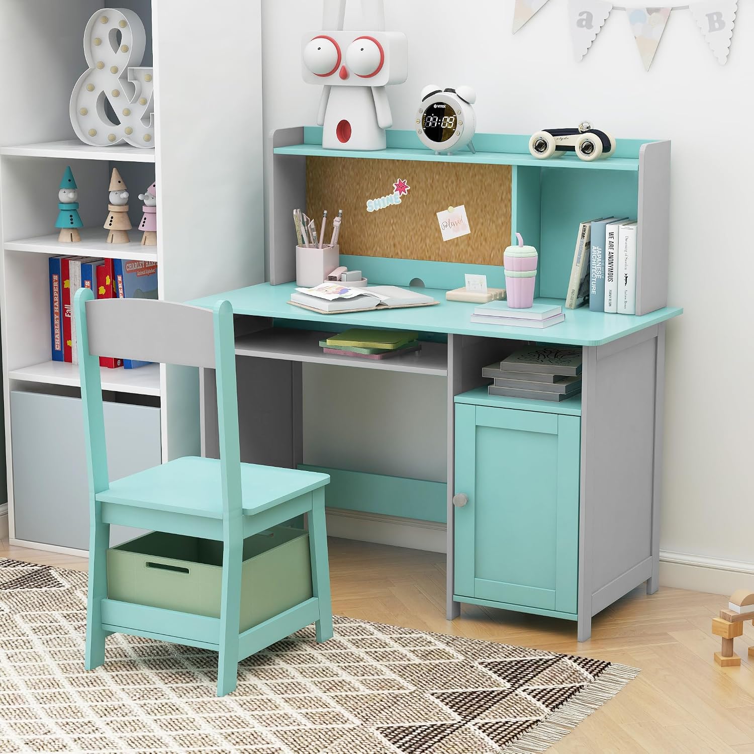 TaoHFE Blue Kids Desk Chair,Kids Desk with Storage and Shelf,Wooden Kid Desks and Chair Set for Bedroom and Study,Kid Study Desks for Boys, Girls Table and Chair Set
