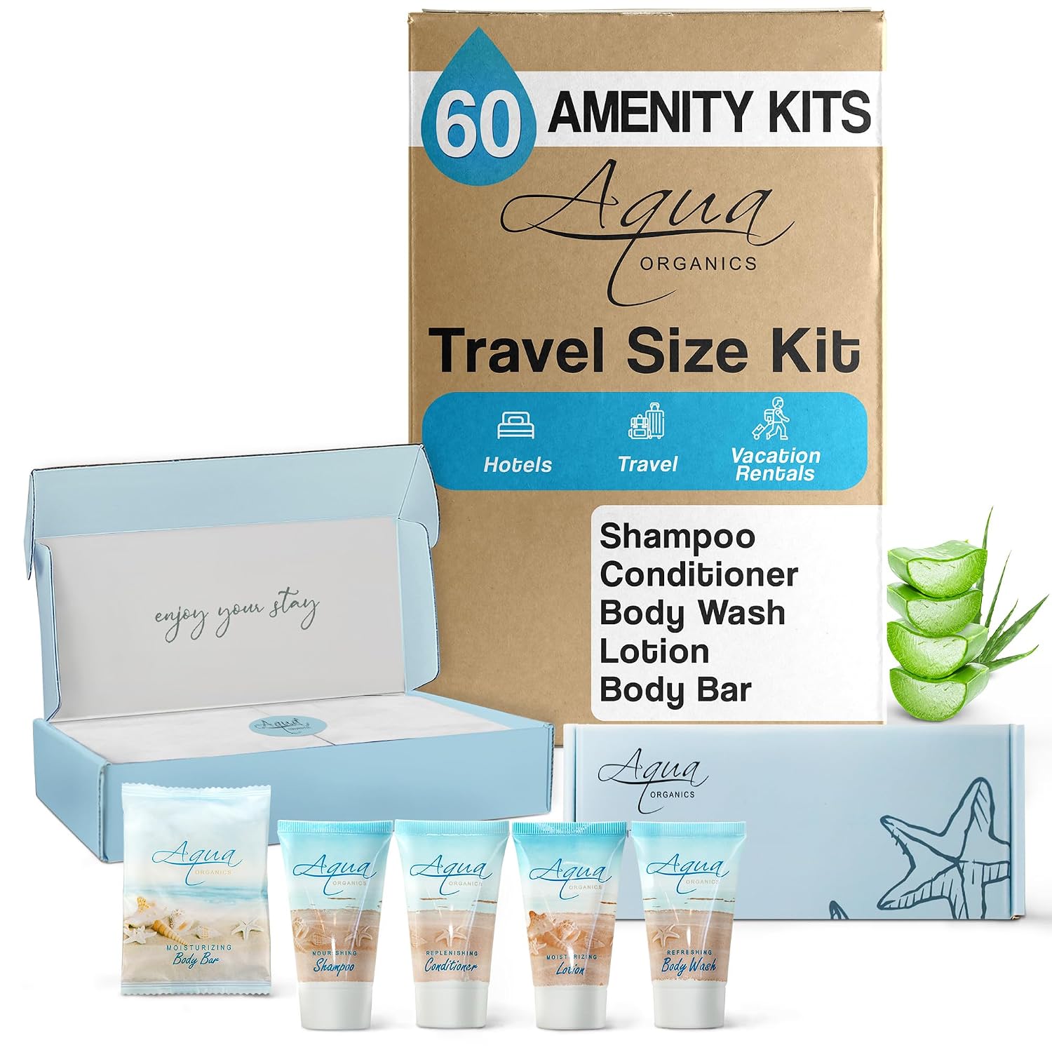 Aqua Organics Amenity Kit | Boxed Hotel Toiletries Bulk Set | 1 oz Shampoo, Conditioner, Lotion, Body Wash & Bar Soap | 300 Sets per Case