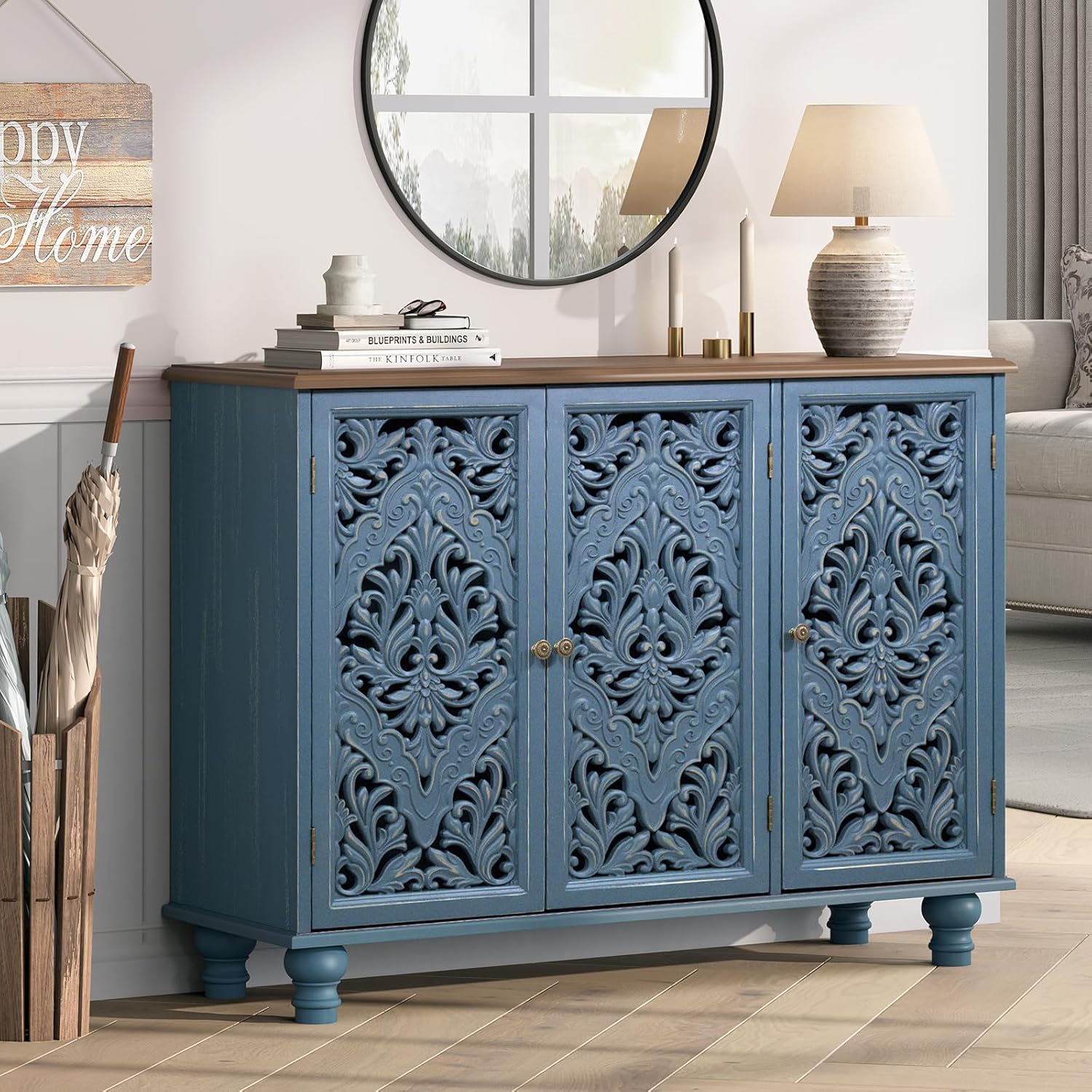 JOINICE Accent Cabinet with 3 Carved Doors, Distressed Sideboard Buffet with Storage & Solid Wood Legs, 43' Vintage Console Table for Living Room,Entryway,Coffee Bar,Hallway(Blue & Walnut)