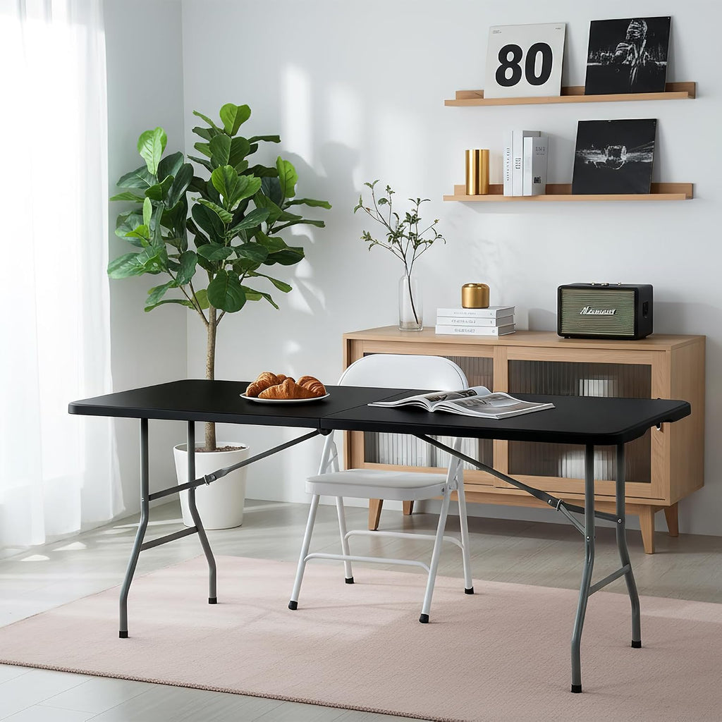 6FT Folding Table Set of 5 Portable Heavy Duty Plastic Table with Carrying Handle Fold-in-Half Utility Foldable Tables for Parties Wedding Events Dining Indoor Outdoor Picnic (Black)