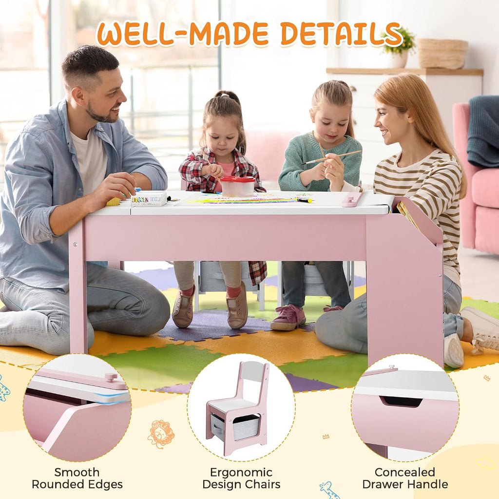 5-in-1 Kids Art Table and Chairs, Wood Toddler Table and Chair Set with Storage Drawers, Craft Play Desk for Kids, Convertible Art Easel with Paper Roll Holder, Children Activity Learning Center-Pink