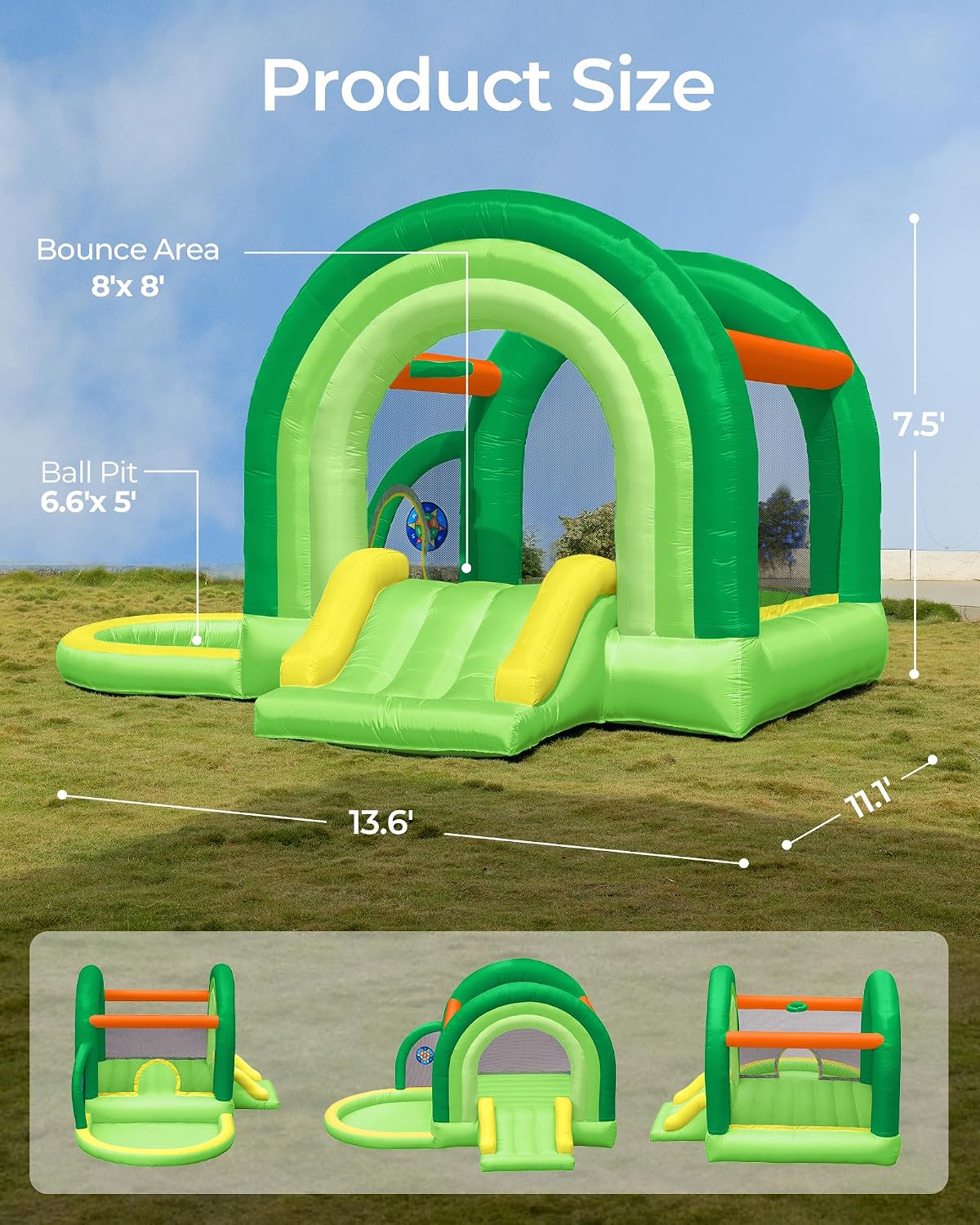 Outfunny Bounce House with Slide, Inflatable Bouncy House for Kids 3-12 w/Ball Pit, Outdoor & Indoor, Bounce Area 8'x8', Capacity 400 lb - Green