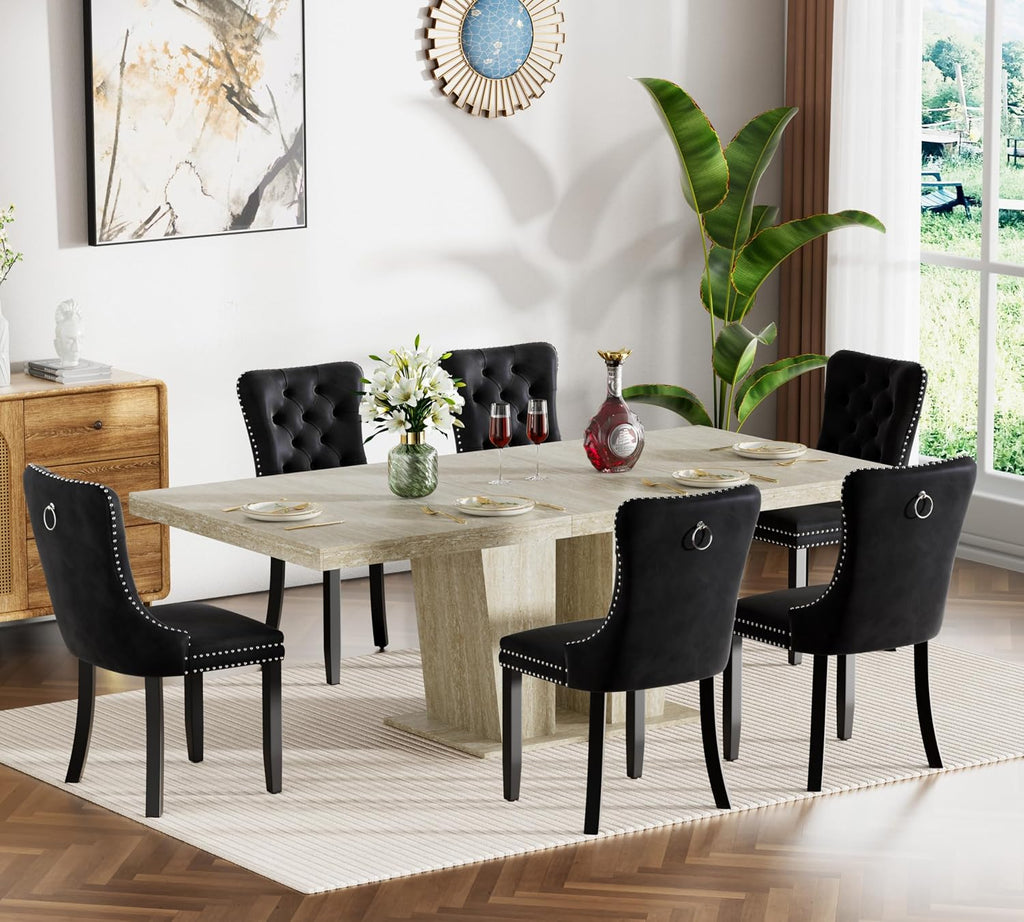 Henf 7 Pieces Extendable Dining Table Set for 6, 63'-79' Faux Mars Kitchen Table Set with 6 Black Chairs, Faux Marble Expandable Dining Room Tables Set for 6,Modern Dinner Tables Set for 6
