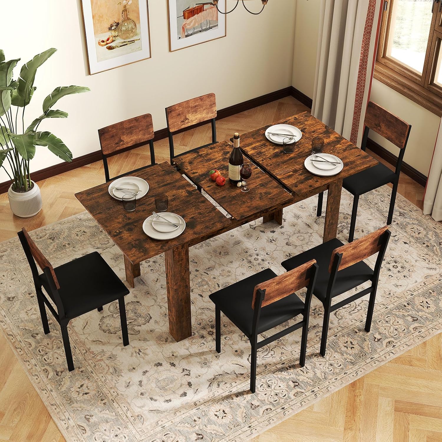 GOFLAME 47'-62' Extendable Dining Table for 4-6 People, Large Rectangular Kitchen Table with L-Shaped Legs, Space Saving Dining Room Table for Kitchen, Living Room, Office, Small Space, Rustic Brown