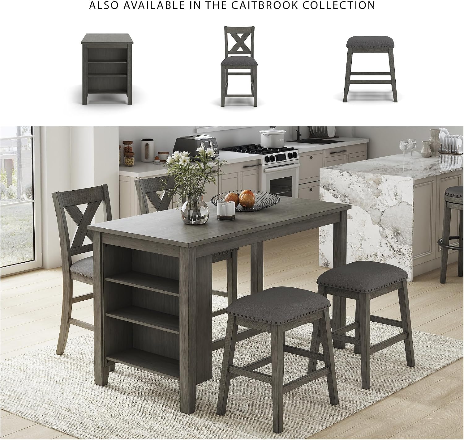 Signature Design by Ashley Caitbrook Dining Table, Counter Height Table With Shelves, Wood Construction In Antiqued Gray Wash, Space‑Saving For Small Rooms And Kitchens