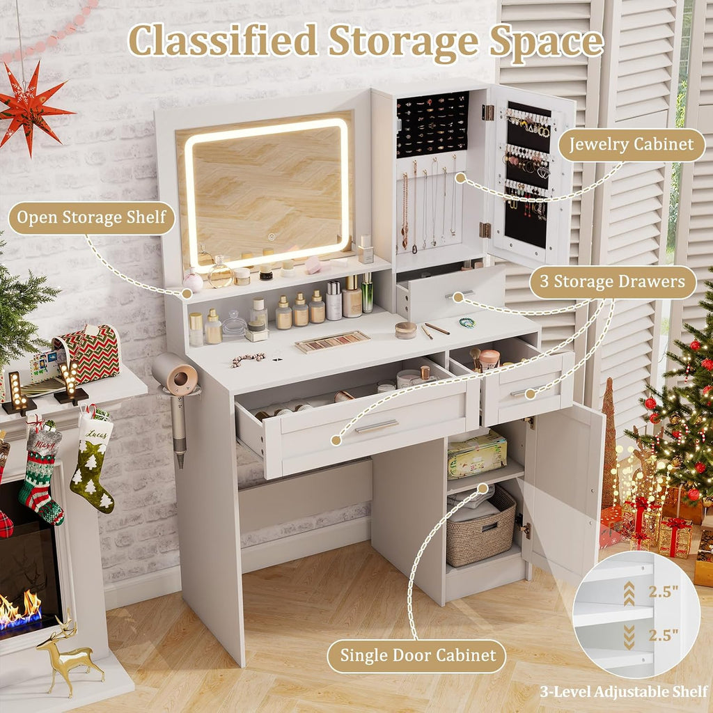 LOKO Farmhouse Vanity Set with Mirror & Lights, Dressing Table and Chair Set with 3 Lighting Modes & Adjustable Brightness, Charging Station & Hair Dryer Holder, Jewelry Cabinet, for Bedroom
