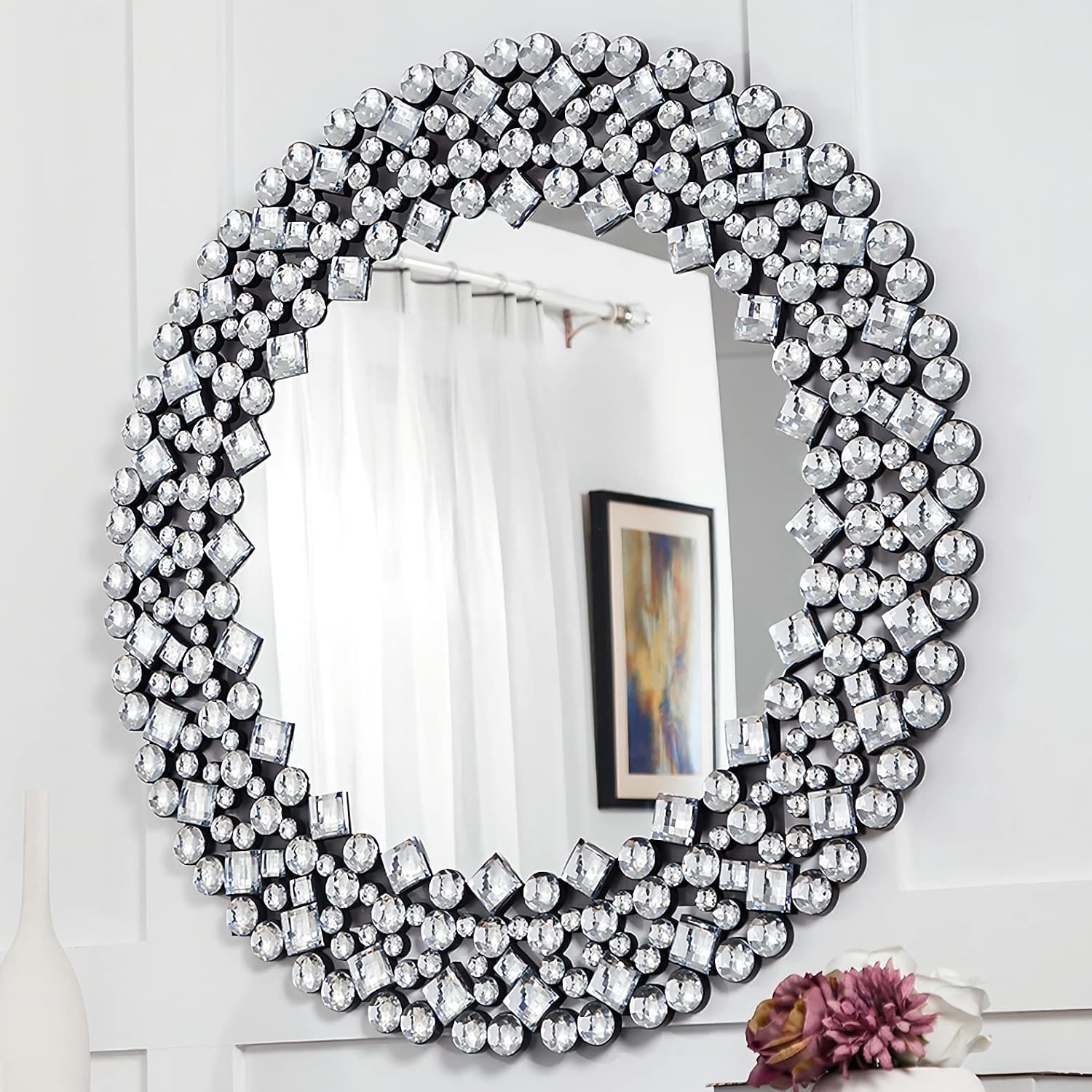 SHYFOY 35.5' Oversize Jeweled Ornate Wall Mirrors Decorative Crystal Accent Round Mirrors for Wall Home Decor, Modern Crushed Diamond Gemstone Mirror for Living Room