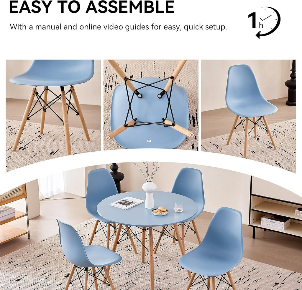 5-Piece Round Dining Table Set, Small 35.5' Kitchen Table Chairs Set of 4 Space Saving Furniture, Plastic Seats, Solid Wood Legs, for Living Room Apartment Office Home, Blue