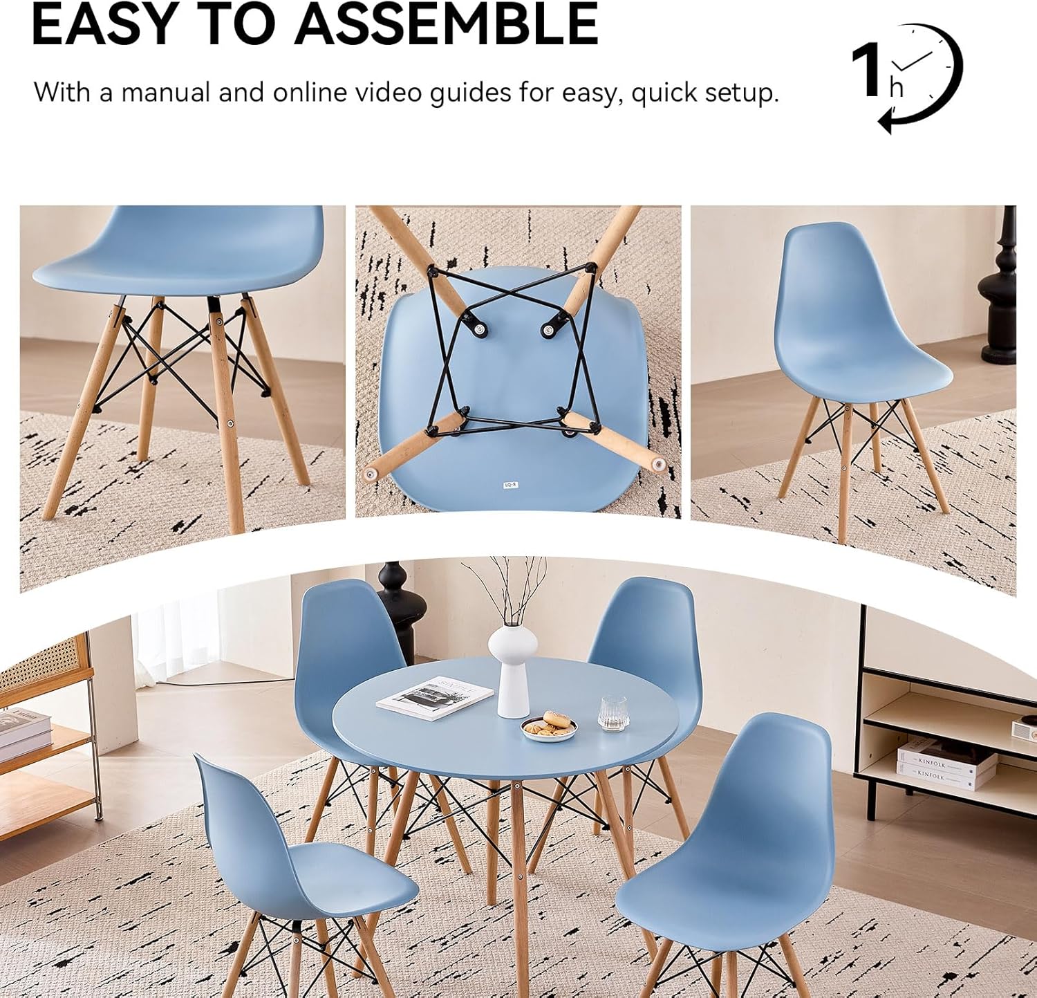 5-Piece Round Dining Table Set, Small 35.5' Kitchen Table Chairs Set of 4 Space Saving Furniture, Plastic Seats, Solid Wood Legs, for Living Room Apartment Office Home, Blue