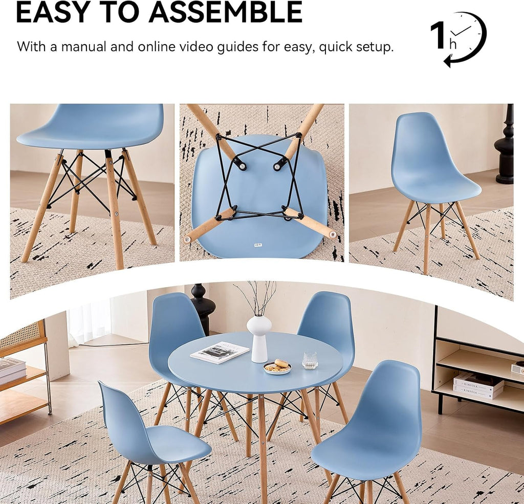 5-Piece Round Dining Table Set, Small 31.5' Kitchen Table Chairs Set of 4 Space Saving Furniture, Plastic Seats, Solid Wood Legs, for Living Room Apartment Office Home, Blue