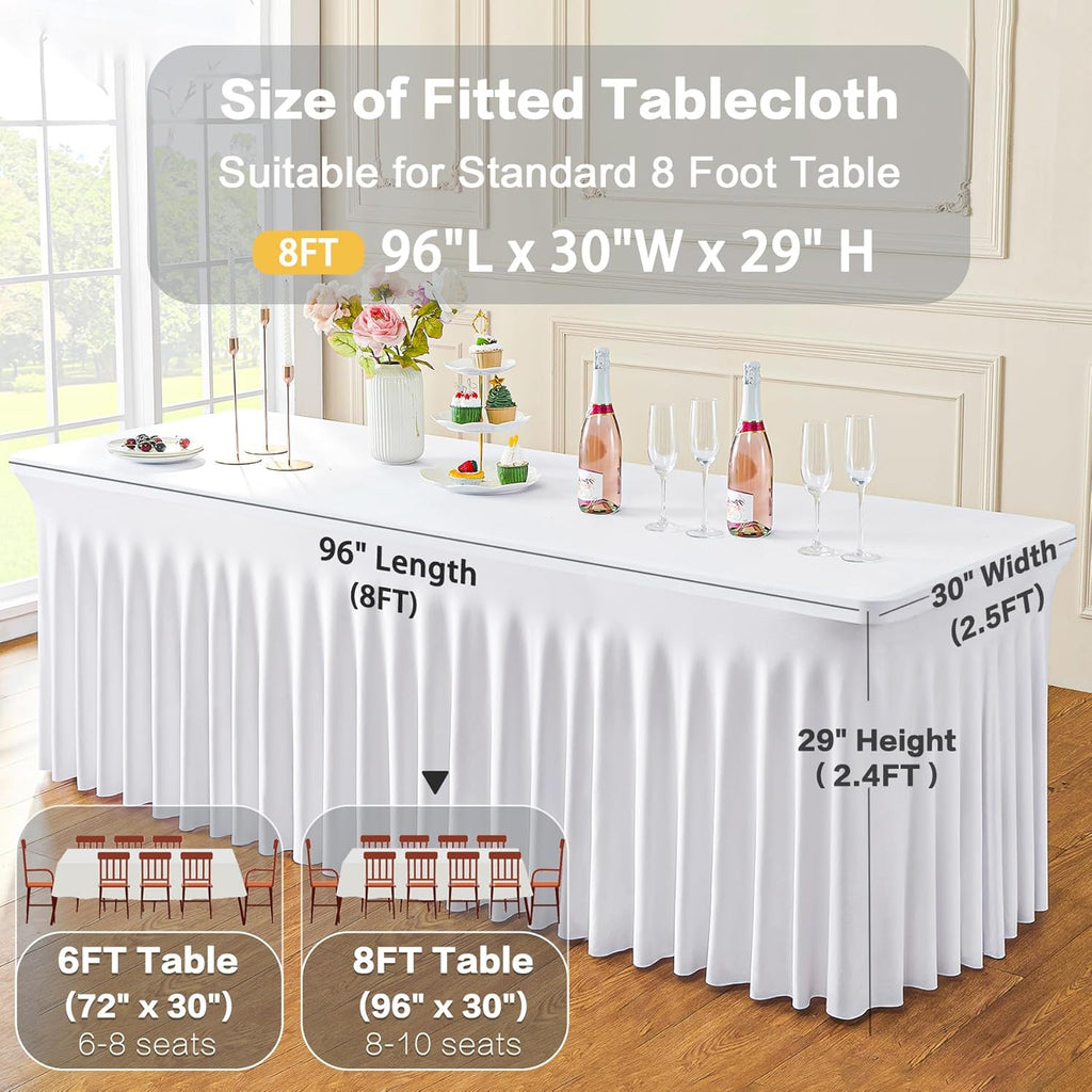 6 Pack Spandex White Tablesloths for 8 Foot Rectangle Tables, Stretchy Table Cloths 8ft Fitted Table Cover Desk Skirt for Parties Weddings Birthday Banquet Baby Shower