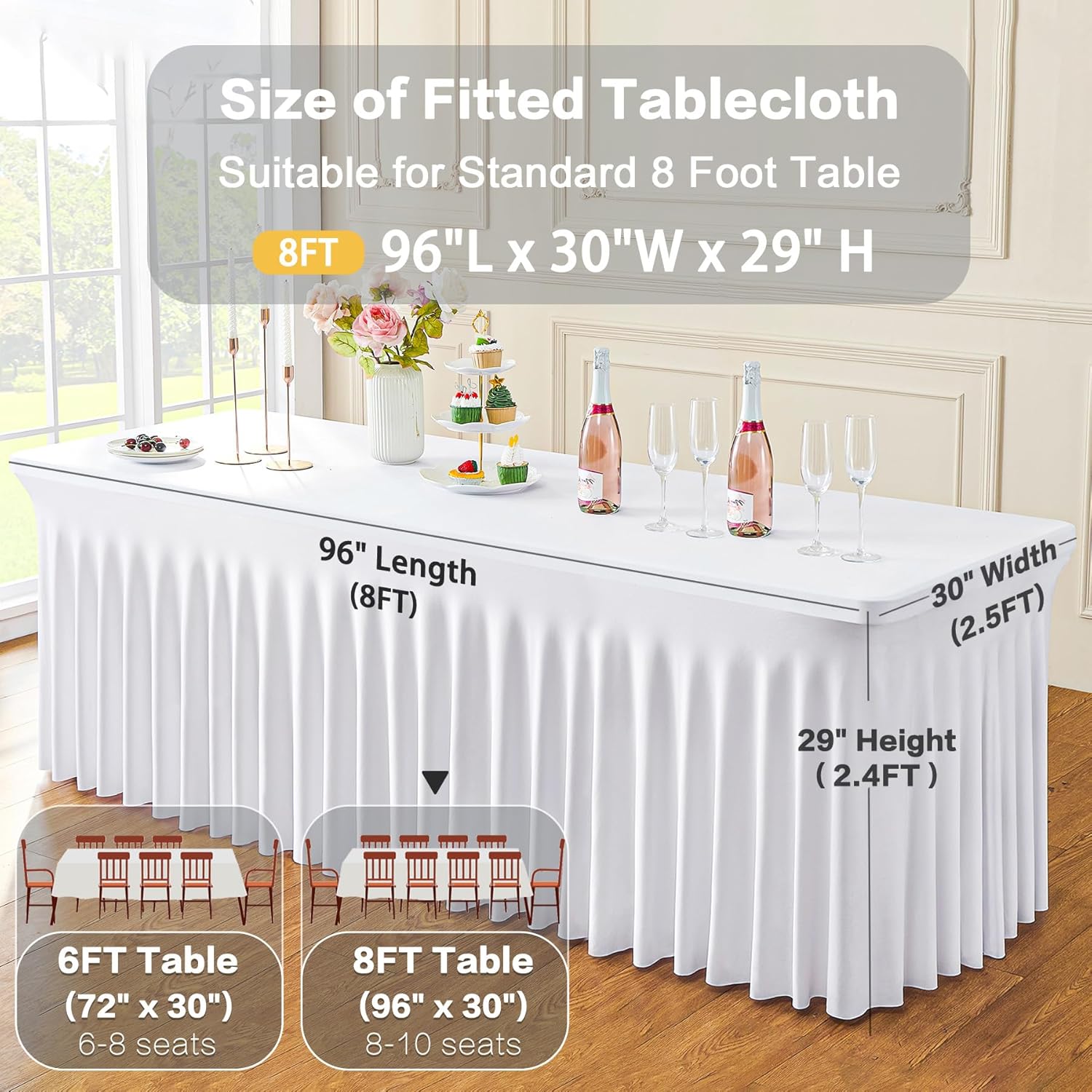 6 Pack Spandex White Tablesloths for 8 Foot Rectangle Tables, Stretchy Table Cloths 8ft Fitted Table Cover Desk Skirt for Parties Weddings Birthday Banquet Baby Shower