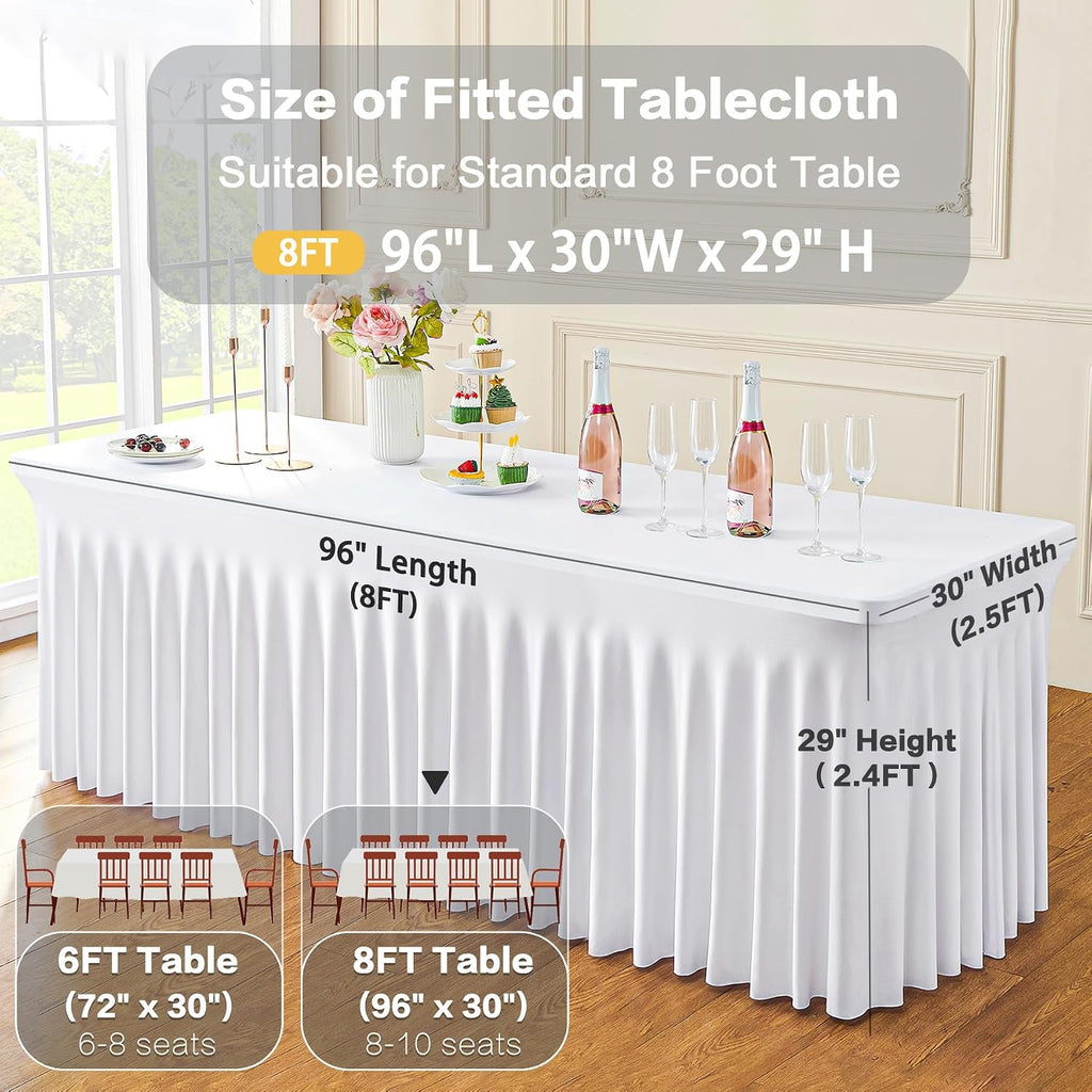 8Pack White Spandex Tablecloths for 8 Foot Rectangle Tables, Wrinkle Free Stretchy Fitted 8FT Table Cloths Cover Desk Skirt for Parties Weddings Birthday Banquet Baby Shower Events